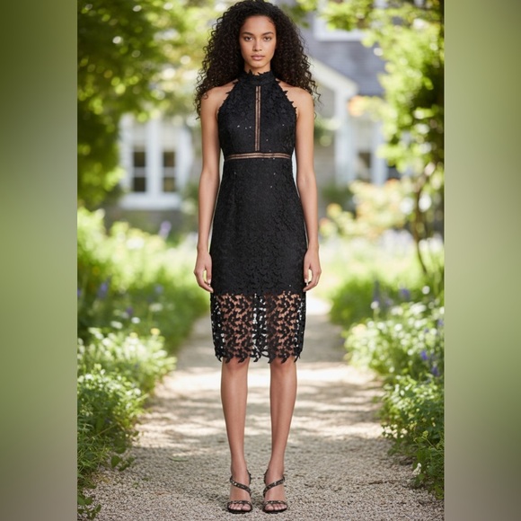 Bardot Dresses & Skirts - Bardot Black Sequin Sleeveless Mini Halter Dress with Lace & Open Back Small 4